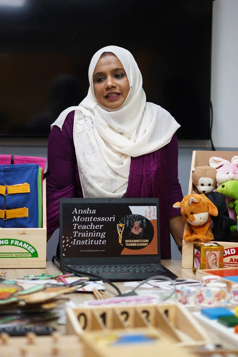 Mrs. Shakila Hussain teaching a live online class with Montessori materials